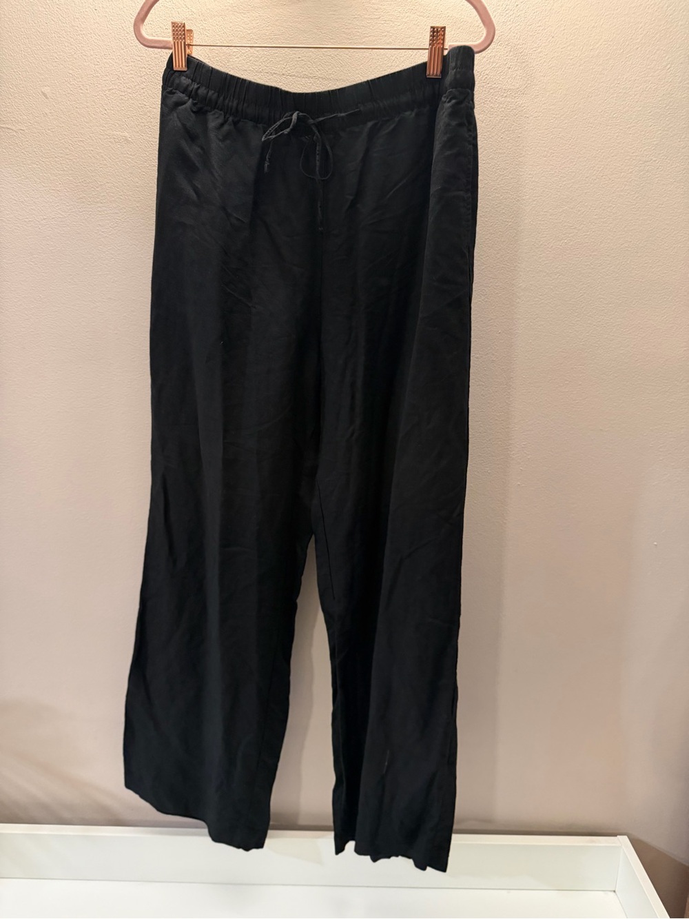 HM Black Linen Blend Wide Leg Drawstring Elastic Waist Pants Womens Medium
